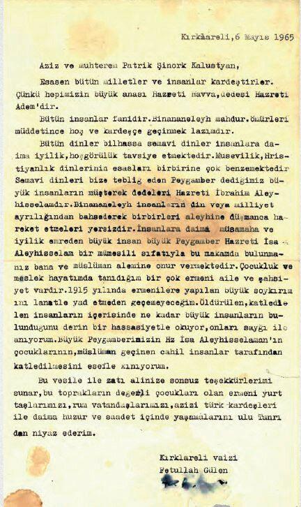 Fetullah Gülen'in 6 Mayıs 1965 yılında yazdığı mektup