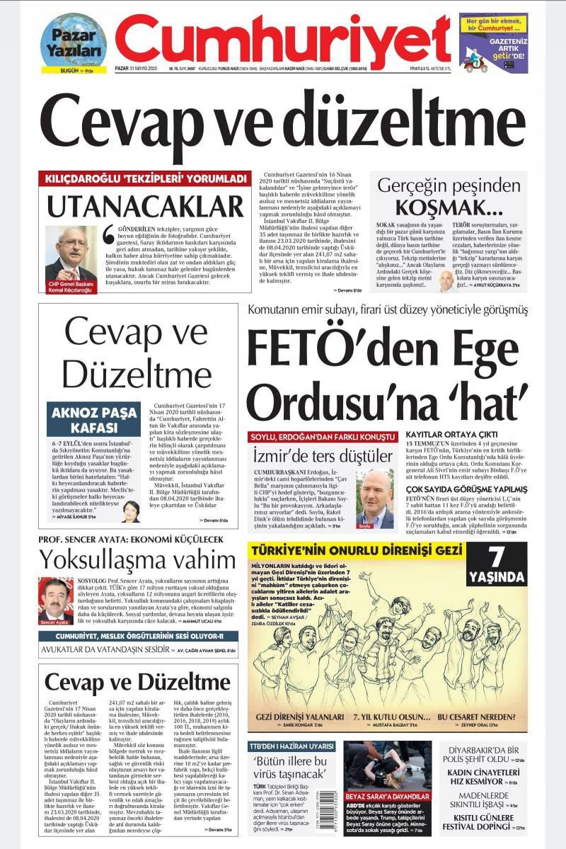 Cumhuriyet gazetesinin bugünkü birinci sayfası. 
