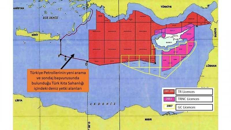 Dışişleri Bakanlığı, Türkiye'nin, Birleşmiş Milletler'e (BM) bildirdiği Doğu Akdeniz'deki deniz sınırları içinde, Türkiye Petrolleri Anonim Ortaklığının (TPAO) sismik araştırma ve sondaj ruhsat başvurusunda bulunduğu yeni ruhsat sahalarını gösteren haritayı paylaşmıştı