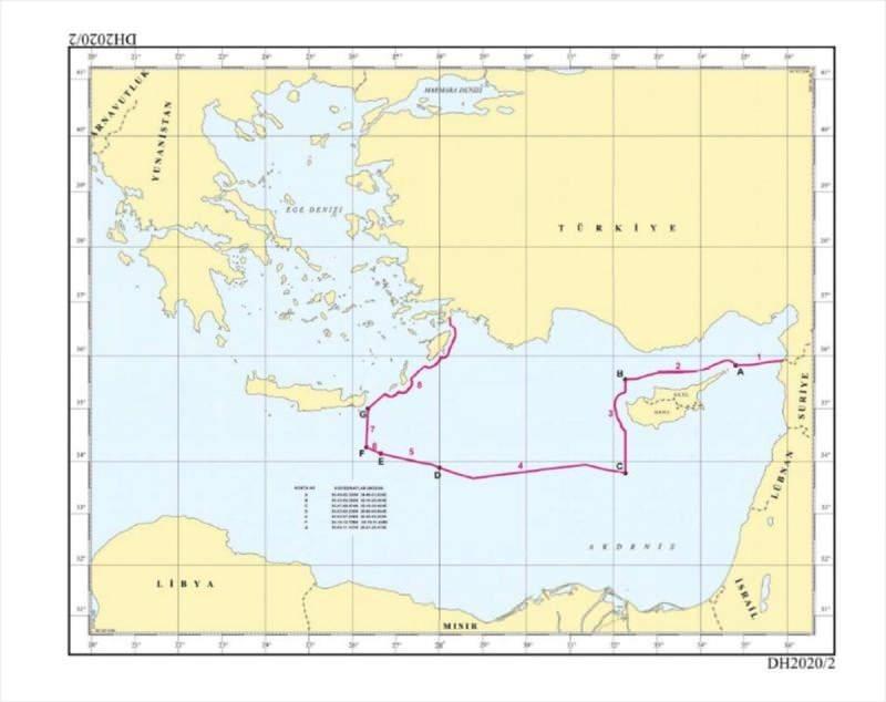 Dışişleri Bakanlığı, Türkiye'nin, Birleşmiş Milletler'e (BM) bildirdiği Doğu Akdeniz'deki deniz sınırları içinde, Türkiye Petrolleri Anonim Ortaklığının (TPAO) sismik araştırma ve sondaj ruhsat başvurusunda bulunduğu yeni ruhsat sahalarını gösteren haritayı paylaşmıştı