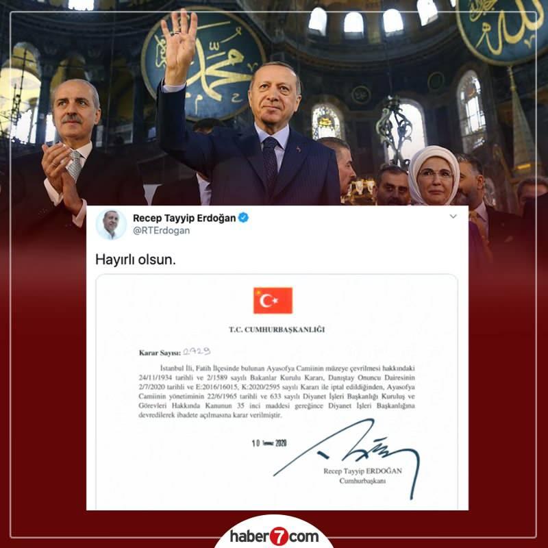Danıştay, Ayasofya'nın müzeye çevrilmesine ilişkin Bakanlar Kurulu kararını iptal etti. Erdoğan, Danıştay kararı sonrası kararnameyi imzaladı.