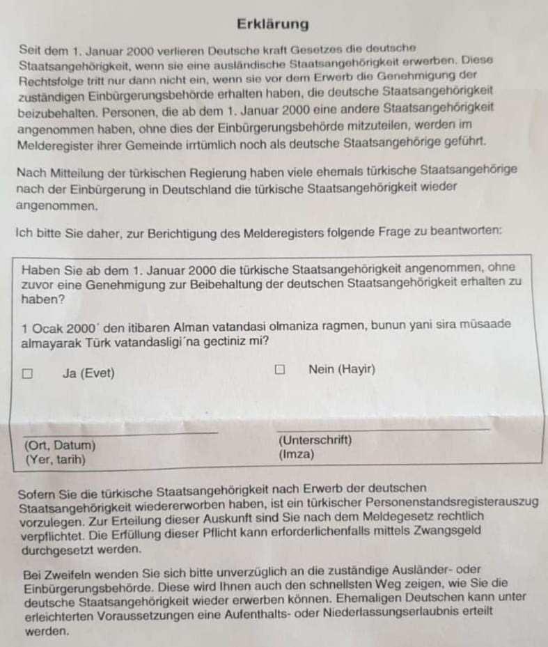 Almanya’da yaşayan Türklere mektupla vatandaşlık sorgusu