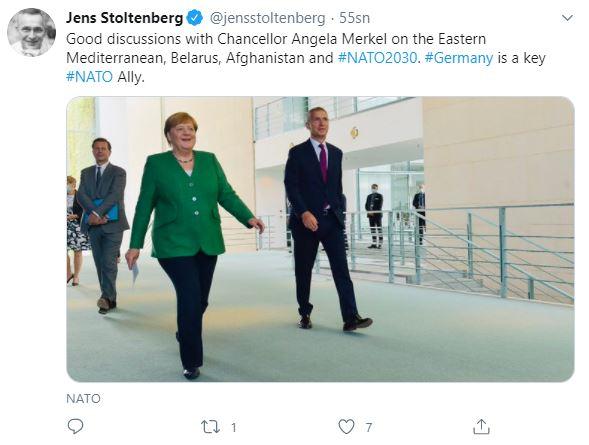 Stoltenberg, Merkel ile görüştüğünü Twitter'dan yayınladığı mesajla da vurguladı.